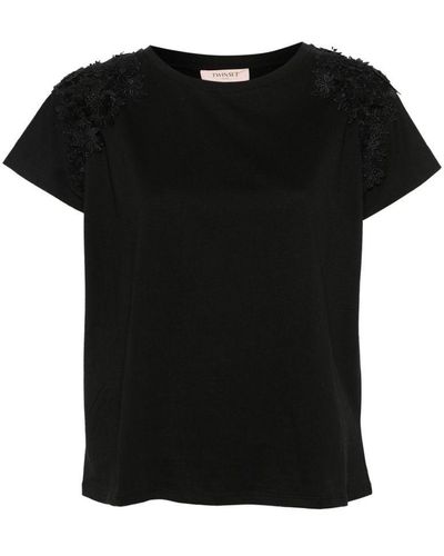 Twin Set | T-shirt in cotone con fiori applicati | female | NERO | XS