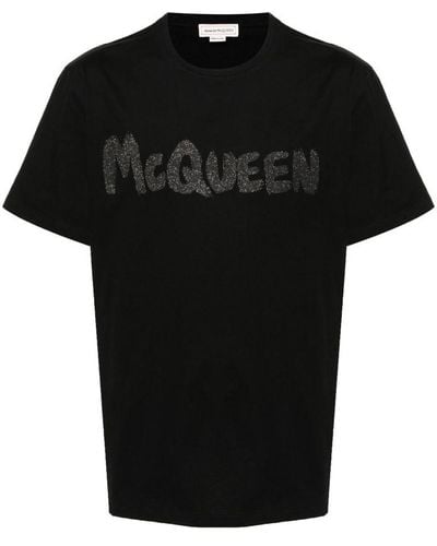 Alexander McQueen | T-shirt in cotone con stampa logo frontale con strass | male | NERO | XL