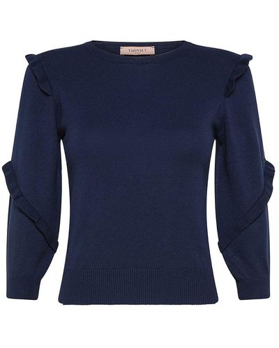 Twin Set Viscose Sweater With Ruffled Crew Neck - Blue