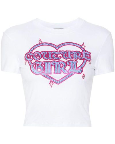 Versace | T-shirt crop in cotone stretch con stampa con glitter | female | BIANCO | M - Rosa