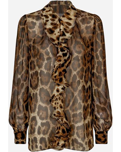 Dolce & Gabbana Camicia in chiffon stampa leopardo con rouches - Marrone