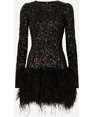 Dolce & Gabbana Vestido corto de lentejuelas con borde de plumas - Negro