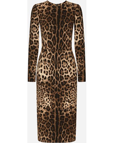 Dolce & Gabbana Vestido de manga larga en cady con estampado de leopardo - Neutro