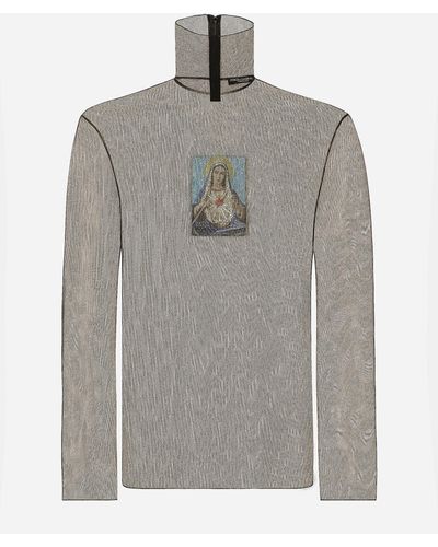 Dolce & Gabbana Tüll-T-Shirt mit hohem Kragen und Patch - Grau
