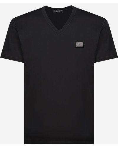 Dolce & Gabbana Baumwoll-T-Shirt V-Ausschnitt mit Logoplakette - Schwarz