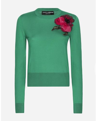 Dolce & Gabbana Pullover aus Seide mit Blumenapplikation - Grün