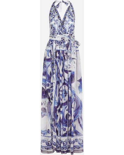 Dolce & Gabbana Long Sleeveless Chiffon Dress With Majolica Print - Blue