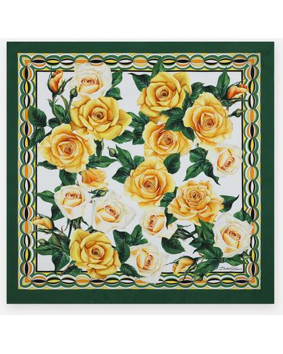 Dolce & Gabbana Twill Scarf With Yellow Rose Print (70 X 70) - Green
