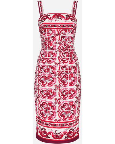 Dolce & Gabbana Abito midi in charmeuse stampa maiolica - Rosso