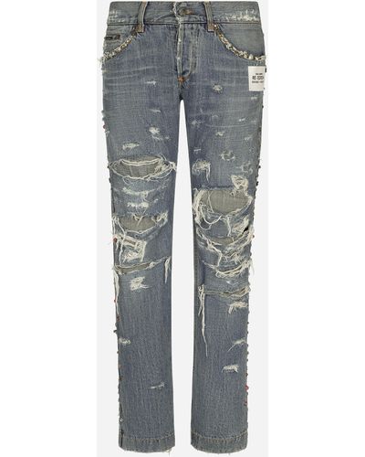 Dolce & Gabbana Washed Denim Jeans With Studs And Rips - Gray