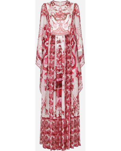 Dolce & Gabbana Langes Kleid aus Chiffon Majolika-Print - Rot