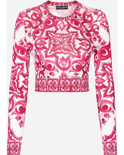Dolce & Gabbana Cropped-Pullover aus Seide Majolika-Print - Pink