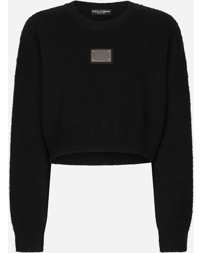 Dolce & Gabbana Wool And Cashmere Round-neck Jumper With Logo Tag - Black