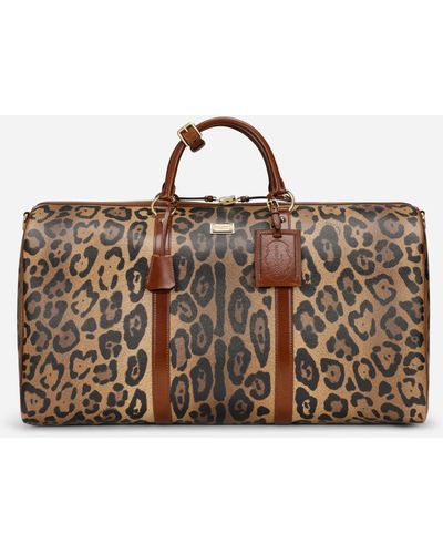Dolce & Gabbana Medium Travel Bag In Leopard-print Crespo With Branded Plate - Brown