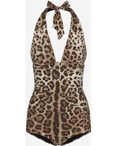 Dolce & Gabbana Leopard-Print One-Piece Swimsuit With Plunging Neckline - Braun