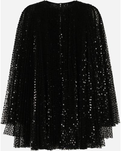 Dolce & Gabbana Short pleated dress with full sequined sleeves - Nero