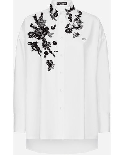 Dolce & Gabbana Oversize Cotton Shirt With Lace Appliqués - White