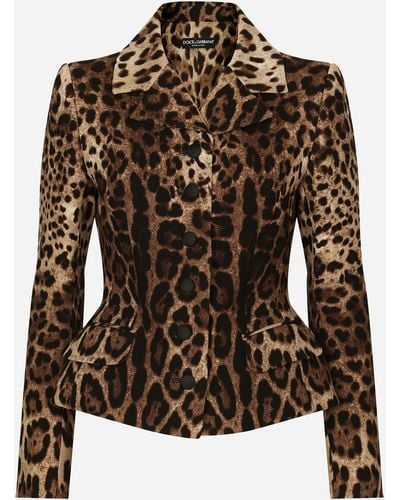 Dolce & Gabbana Single-breasted Double Crepe Jacket With Leopard Print - Brown