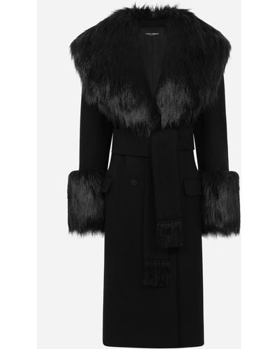 Dolce & Gabbana Manteau en laine et cachemire avec col en fourrure synthétique - Noir