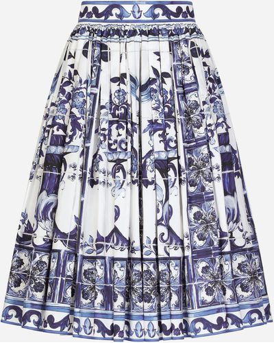 Dolce & Gabbana Jupe midi en popeline à imprimé majoliques - Bleu