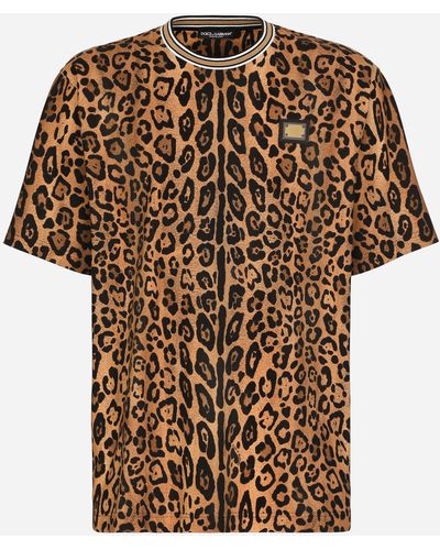 Dolce & Gabbana Round-neck T-shirt With Leopard-print Crespo And Tag - Brown
