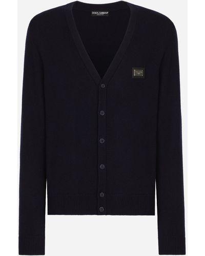 Dolce & Gabbana Cashmere And Wool Cardigan With Branded Tag - Blue