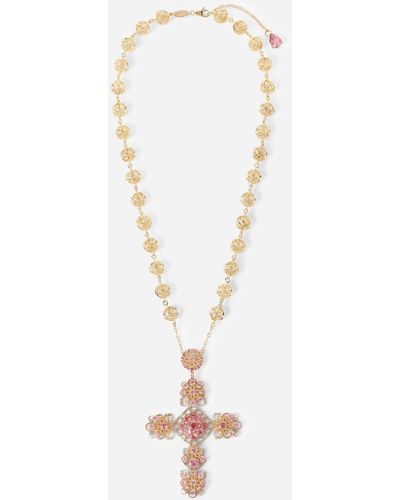Dolce & Gabbana Halskette Pizzo aus 18-karätigem Gelbgold mit rosa Turmalinen - Mettallic