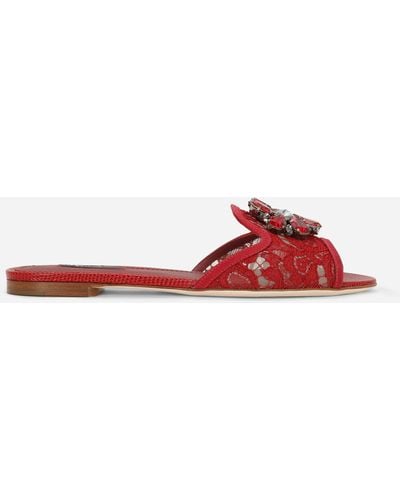 Dolce & Gabbana Slippers In Pizzo Con Cristalli - Rosso