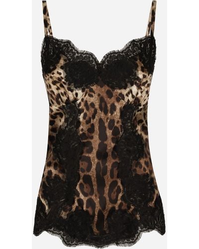 Dolce & Gabbana Top con spalline in raso stampa leopardo con dettagli pizzo - Nero