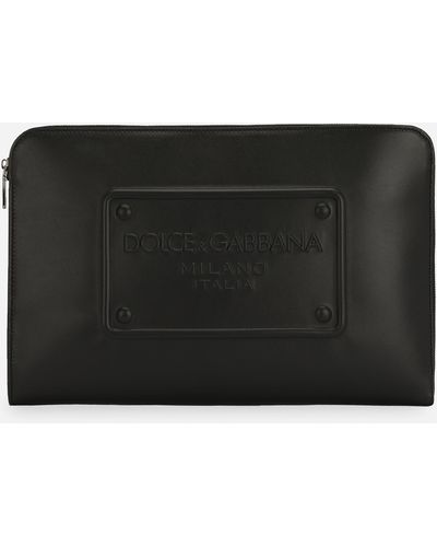 Dolce & Gabbana Große Pouch Bag aus Kalbsleder mit Relieflogo - Schwarz
