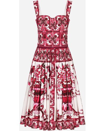 Dolce & Gabbana Bustier Midi Dress In Majolica-print Poplin - Red