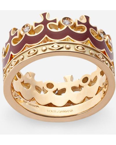 Dolce & Gabbana Crown Ring With Burgundy Enamel Crown And Diamonds - Mettallic