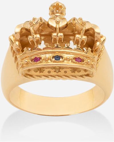 Dolce & Gabbana Anello Crown con corona in oro giallo, rubini e zaffiro - Bianco