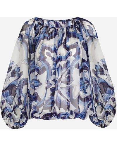 Dolce & Gabbana Blusa de chifón con estampado de mayólica - Azul
