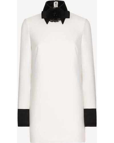 Dolce & Gabbana Abito corto in tela di lana con dettagli in raso - Bianco