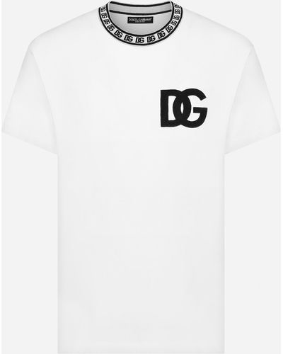 Dolce & Gabbana Camiseta de cuello redondo en algodón con bordado DG - Blanco