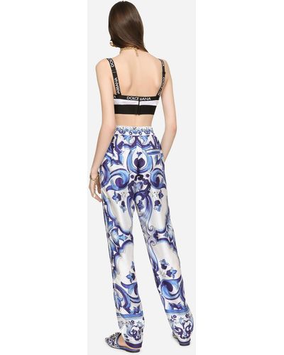 Dolce & Gabbana Silk Twill Pants With Majolica Print - Blue