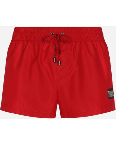 Dolce & Gabbana Short Swim Trunks With Branded Tag - Red