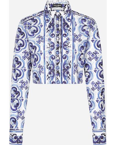 Dolce & Gabbana Kurze Bluse Aus Popeline Majolika-Print - Blau
