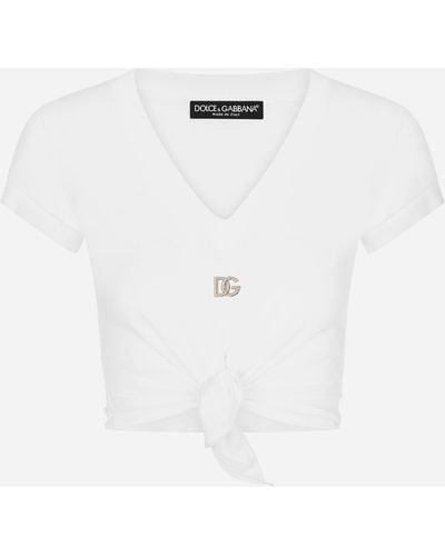 Dolce & Gabbana T-Shirt aus Jersey mit Knoten und DG-Logo - Weiß