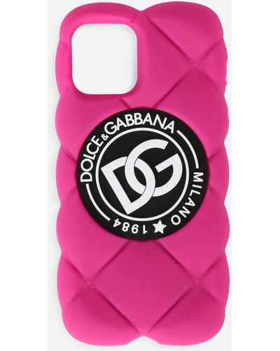 Dolce & Gabbana Cover iPhone 12 Pro aus Gummi in Matelassé-Optik mit DG-Logo - Pink