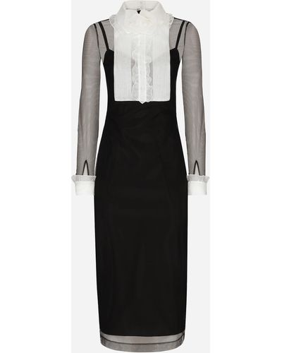 Dolce & Gabbana Longuette-Kleid aus Tüll mit Plastron aus Organza - Schwarz