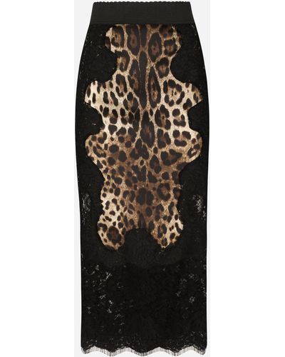 Dolce & Gabbana Falda midi en raso con estampado de leopardo y aplicaciones de encaje - Negro