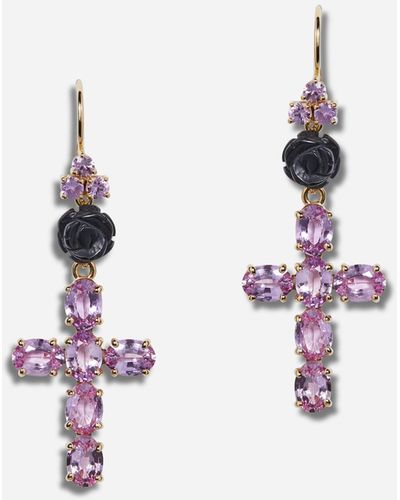 Dolce & Gabbana Family yellow gold earrings with rose and cross pendant - Bianco