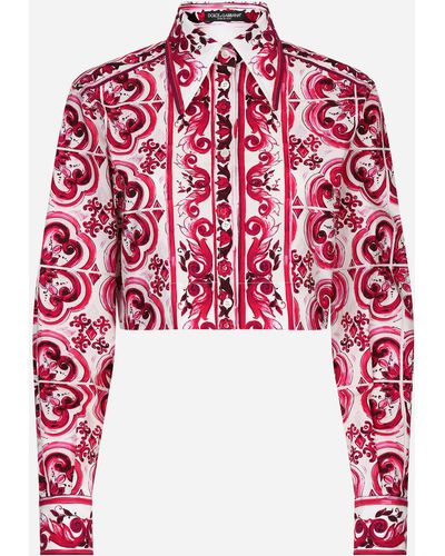 Dolce & Gabbana Cropped Majolica-print Poplin Shirt - Red