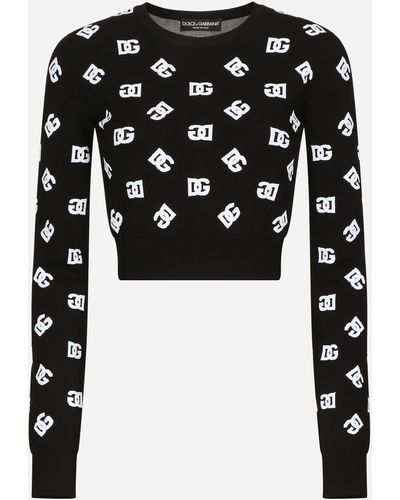 Dolce & Gabbana Cropped Viscose Jacquard Jumper With Dg Logo - Black