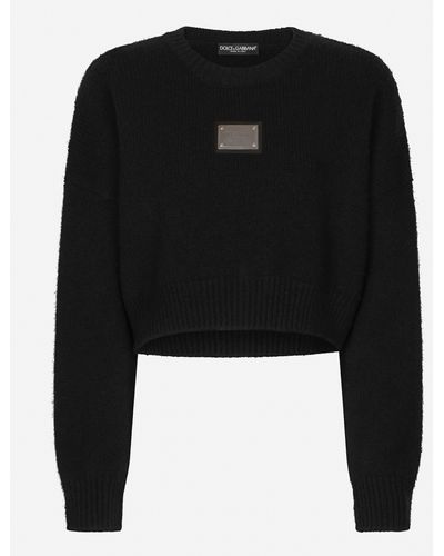 Dolce & Gabbana Wool And Cashmere Round-neck Sweater With Logo Tag - Black