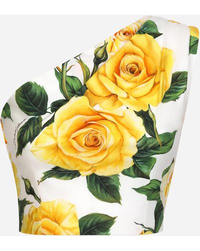 Dolce & Gabbana Kurzes One-Shoulder-Top aus Baumwolle Gelbe-Rosen-Print