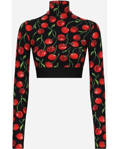 Dolce & Gabbana Top de cuello alto en punto técnico con estampado de cerezas con logotipo en elástico - Rojo