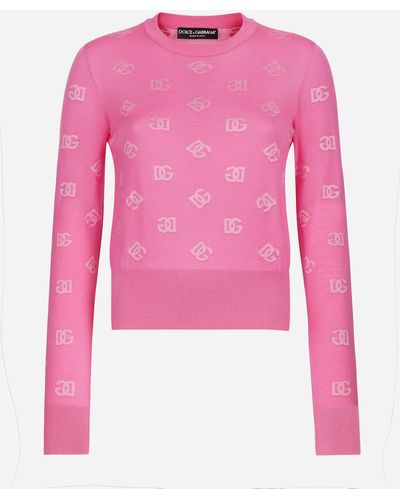 Dolce & Gabbana Wool And Silk Jacquard Sweater With Tonal Dg Logo - Pink